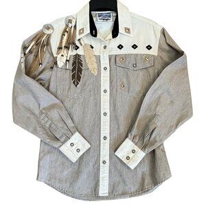 Vtg 80s Womens Wrangler Western Shirt M Native American Concho Feathers Cowgirl